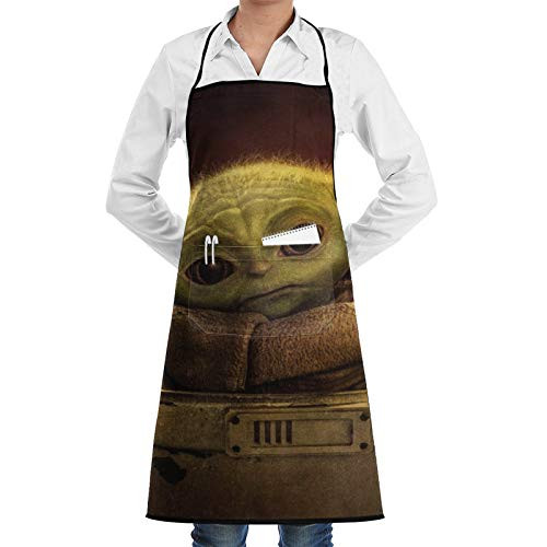 Star war Mandalorian Baby Yo-da Apron Lace with Pockets Adjustable Adult Mens Womens Chef Black Cooking Kitchen Polyester Aprons Bib with Pockets for Restaurant Baking Crafting Gardening BBQ Grill