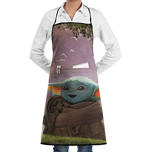 HuiHao Star War Baby Yo-da Apron Lace with Pockets Adjustable Adult Mens Womens Chef Black Cooking Kitchen Polyester Aprons Bib with Pockets for Restaurant Baking Crafting Gardening BBQ Grill