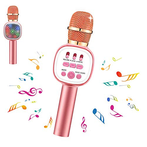 Karaoke Microphone for Kids Wireless Bluetooth Microphone with LED Lights  and  Voice Changer Portable Music Speaker Singing for Girls Boys for Home Party Outdoor-Pink-