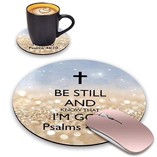 BWOOLL Round Mouse Pad and Coasters Set  Rainbow Glitter Christian Quote Psalm 46 10 - Be Still and Know That I am God Mouse Pad  Non-Slip Rubber Base Mouse Pads for Laptop and Computer