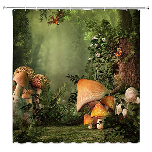 BOYIAN  	Mushroom Shower Curtain Decor Foggy Forest Vine Flower Butterfly Red Bird Spring FairyTale World Green Fabric Bath Curtains Bathroom Polyester with Plastic Hooks 70x70 Inch