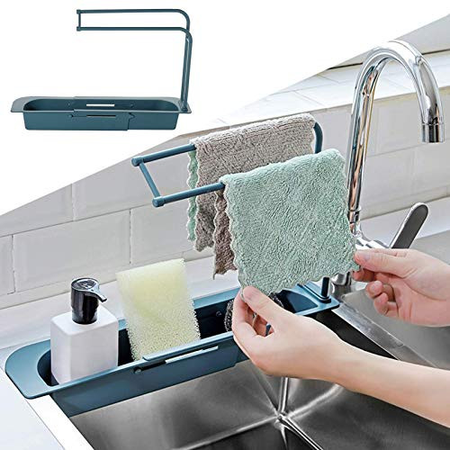 Telescopic Sink Holder Expandable Storage Drain Basket Rack  Adjustable Expandable Sponge Soap Holder Drainer Sink Tray with Dishcloth Drying Rack for Home Kitchen Sink -Blue-