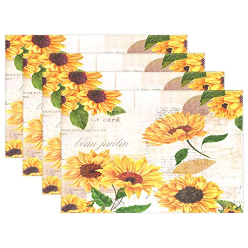QQMARKET Heat Resistant Placemats for Kitchen Table Mats for Dinning Room Hand Drawn Vibrant Yellow Watercolor Sunflowers Non Slip Placemat 12x18 inch Set of 4