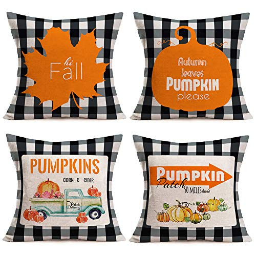 Easternproject Set of 4 Pumpkin Patch Throw Pillow Cover Vintage Truck Autumn Harvest Maple Leaves Pillow Cases 18x18 Fall Decor Buffalo Pillow Shams Cotton Linen Cushion Cover Thanksgiving Gifts