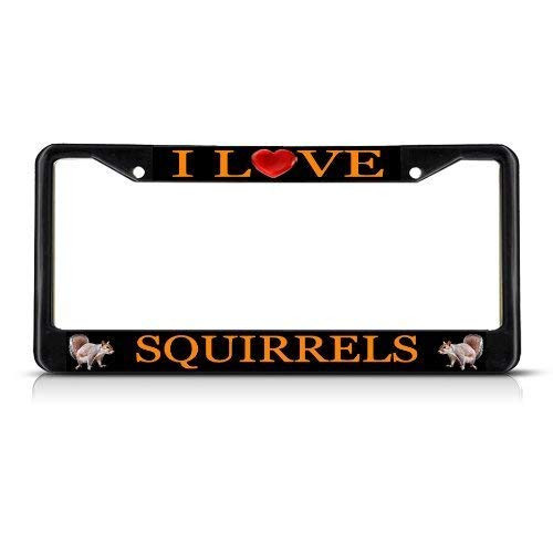 OMYFAIRY I Love Squirrels Chrome Aluminum Alloy Black Metal License Plate Frame Stainless Metal Car Tag Holder 12 x 6 Inch