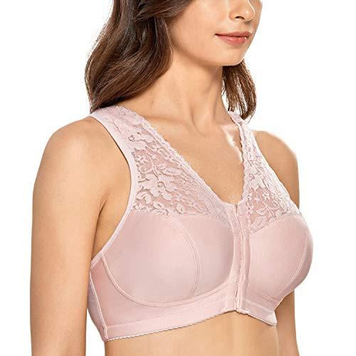 DELIMIRA Women s Full Coverage Wirefree Lace Plus Size Front Closure Bra Racerback Gentle Rose 40DD