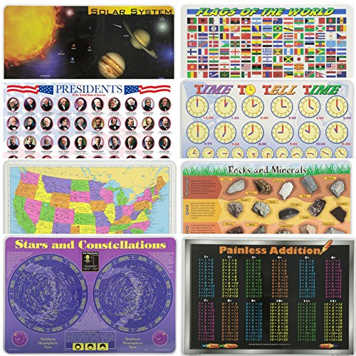 Painless Learning Educational Placemats for Kids Solar System, Presidents, USA Map, Stars, World Flags, Time and Money, Rocks, Addition Placemat 8 Pack