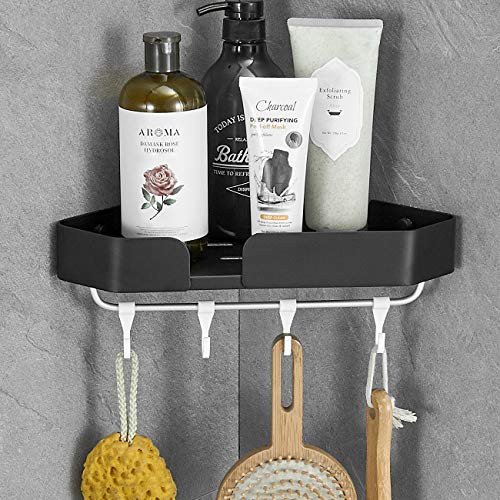 Corner Shower Caddy Rust Proof Corner Shower Shelf Rack with Hooks Corner Storage Organizer Mounted for Bathroom Kitchen-1 Pack  Black-