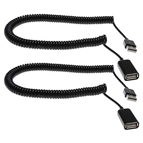 2Pcs USB 2.0 Male to Female Spiral Coiled Adapter Cable 3M Black Spring Telescopic Extension Wire Cord for Data Syncing  and  Charging