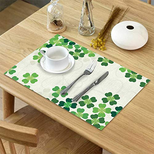 St. Patrick s Day Placemats for Dining Table Set of 4 Vintage Clover Pattern Table Placemats Dining Placemats Non-Slip for Kitchen Washable Burlap Heat Resistant Table Mats