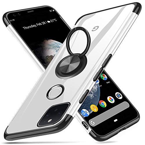 Compatible with Google Pixel 4A 5G Case 6.2 inch Clear Ring Holder Kickstand Transparent Shockproof Electroplate Soft TPU Silicone Bumper Phone Case for Pixel 4A 5G - Black