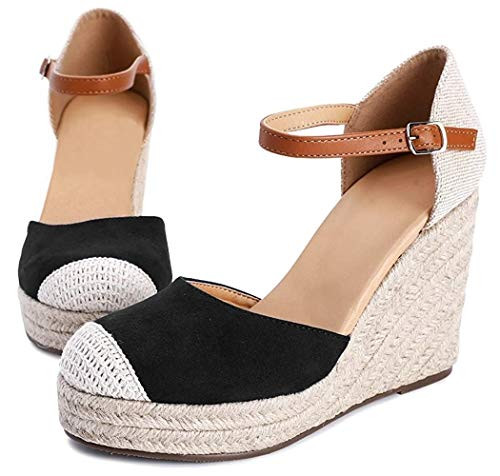 Womens Closed Toe Espadrilles Platform Heel Wedge Shoes Ankle Strap Sandals Black