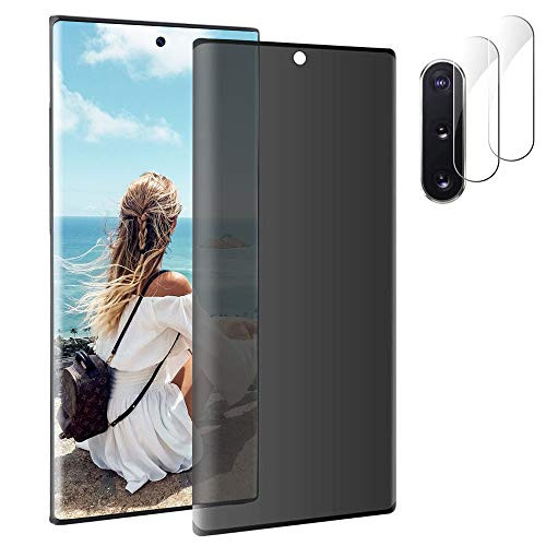 -1 Plus 2 Pack- Galaxy Note 10 Plus Screen Protector - Privacy Tempered Glass Protector Plus Camera Lens Protector-- UltraSonic Fingerprint- -9H Hardness- -No-Bubble--Full Coverage- for Samsung Galaxy Note 10 Plus