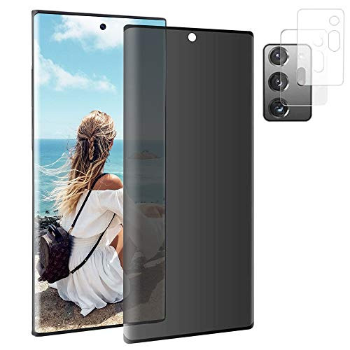 -1 Plus 2 Pack- Galaxy Note 20 Ultra Screen Protector - Privacy Tempered Glass Protector Plus Camera Lens Protector-- UltraSonic Fingerprint- -9H Hardness- -Full Coverage- for Samsung Galaxy Note 20 Ultra