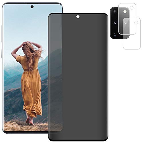 -1 Plus 2 Pack- Galaxy S20 Plus Screen Protector - Privacy Tempered Glass Protector Plus Camera Lens Protector-- UltraSonic Fingerprint- -9H Hardness- -No-Bubble--Full Coverage- for Samsung Galaxy S20 Plus