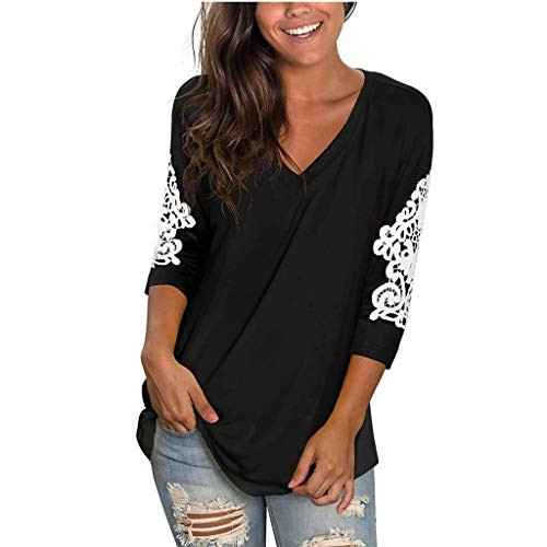 Meikosks Autumn V Neck Shirt Women s 3 4 Sleeve Lace Patchwork Tops Casual Blouses Black