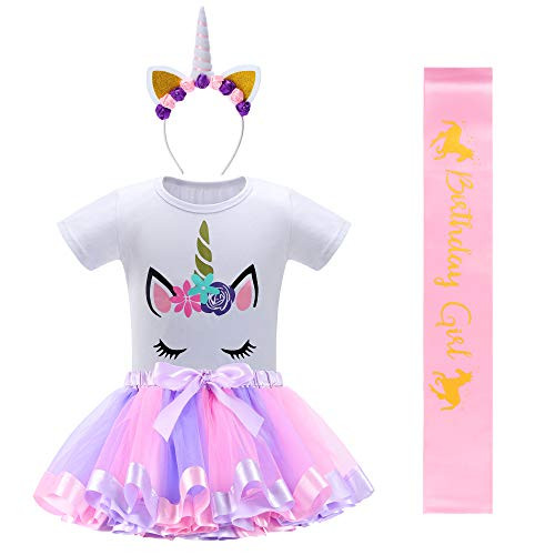 Unicorn Birthday Outfit with Rainbow Unicorn Tutu for Girls Unicorn Headband Girls Shirts and Birthday Girl Sash