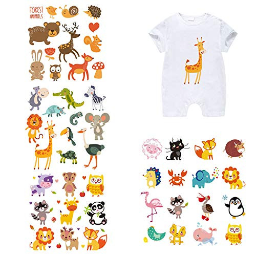Animals Iron on Transfers Patches Set 4 Sheets Heat Transfer Stickers Assorted Cute Dinosaur Animal Iron on Stickers Appliques Patches DIY for T-Shirt Clothing Jeans Backpacks -04-