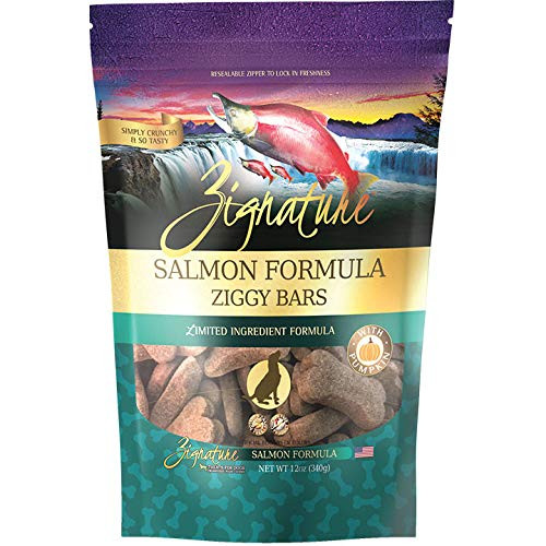 Zignature Salmon Ziggy Bars Dog Treats 12 Ounce Bag. -New-
