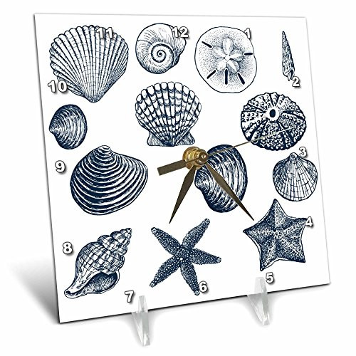 3dRose Blue Sea Shells Nautical Beach Theme Ocean Art - Desk Clock, 6 by 6-Inch (dc_155830_1)