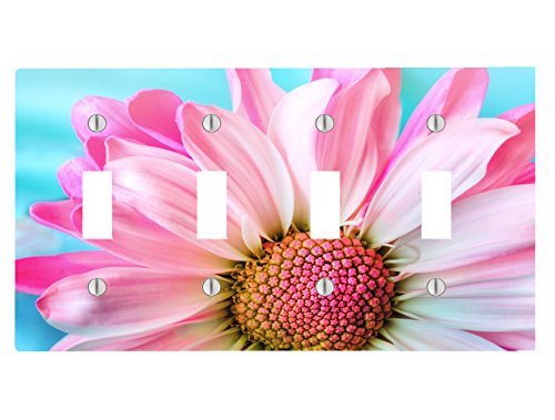 Moonlight Printing Spring Pink Flower with Blue Teal Background 4 Toggle Electrical Switch Wall Plate -8.38 x 4.69in-