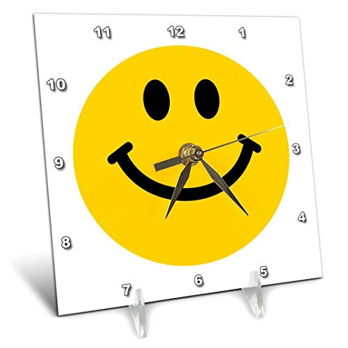 3dRose dc_76653_1 Yellow Smiley Face Cute Traditional Happy Smilie 1960S Hippie Style Smiling on White Desk Clock, 6 by 6-Inch