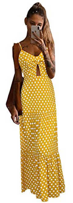 Spaghetti Strap Dresses for Women Casual Summer  Women s Boho Polka Dot Sleeveless V Neck Bowknot Howllow Out Flowy Ruffle Swing Beach Maxi Party Dress Casual Long Dress Yellow S