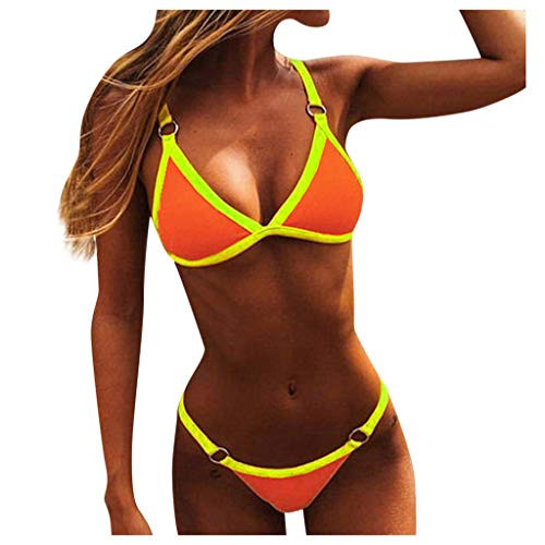 Women Two Piece Bikini Set Bandeau Bandage Swimsuit Contrast Patchwork Push Up Swimwear High Waist Beachwear -L Orange-