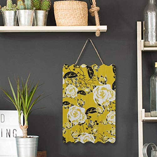 8 inch x 12 inch Wood Wall Hanging Plaque Sign  Yellow Pattern Design Flower Plant Wildflower Wallpaper  Printed Wood Hanging Sign  Home Wall Decor  Signs for Living Room Bar Farmhouse