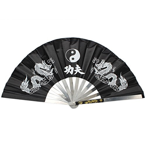 jiaoguo Kung Fu Tai Chi Eight Trigrams Double Dragon Stainless Steel Rib Frame Fan Black