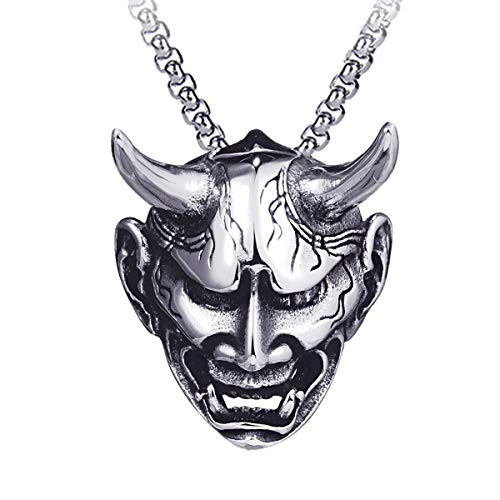 HULKBIDBV Men Gothic Jewelry Stainless Steel Silver Black Evil Demon Prajna Horn Skull Pendant Necklace