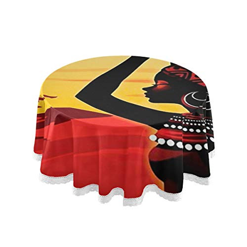 SKYDA African Woman Round Tablecloth - 60 Inch - Table Cloth for Table in Washable Polyester - Great for Buffet Table  Parties  Holiday Dinner  Wedding  and  More-f-