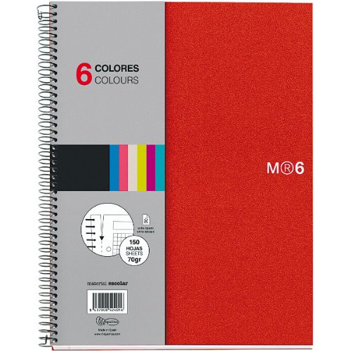 Miquelrius A5 Wirebound Notebook  6-Subject  Graph Paper  Red -6 x 8 inches-