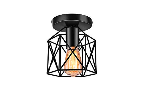 Industrial Vintage Ceiling Light Fixture  Rustic Cage Light Fixtures  E26 Black Metal Semi Flush Mount Ceiling Light Fixture for Hallway Farmhouse Stairway Porch Bedroom