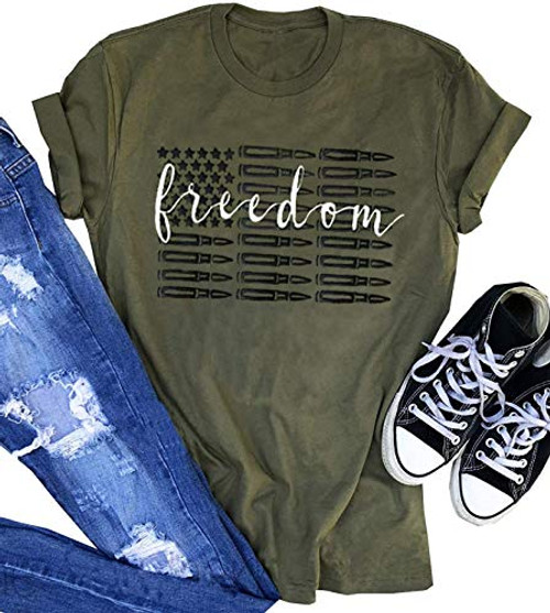 Freedom American Flag T Shirts Tee for Women Vintage 4th of July Patriotic Short Sleeve Tee Tops Casual Loose Blouse -Army Green Large- Freedom American Flag T Shirts Tee for Women Vintage 4th of July Patriotic Short Sleeve Tee Tops Casual Loose Blouse -Army Green Large-