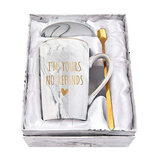I m Yours No Refunds Mug Valentine s Day Mug Valentines Wedding Anniversary Ideas for Her Him Women Men Wife Husband Novelty Coffee Mug for Women Men Marble Mug with Gift Box 14Oz