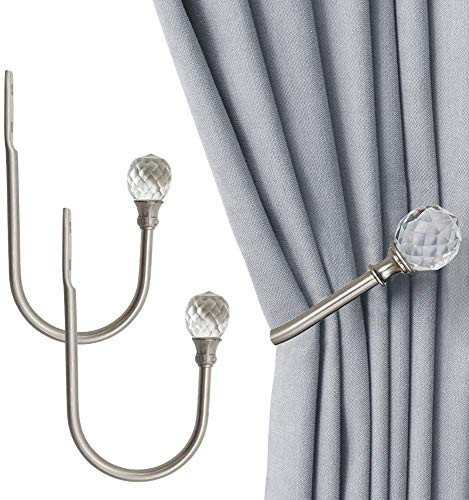 SUQ I OME Curtain Holdbacks  Curtain Tieback Hooks Metal Curtain Holdback Crystal Decorative Curtain Holders Wall Mounted Window Treatment Holdback with Screws  Heavy Duty Tieback Hook 1 Pair Silver