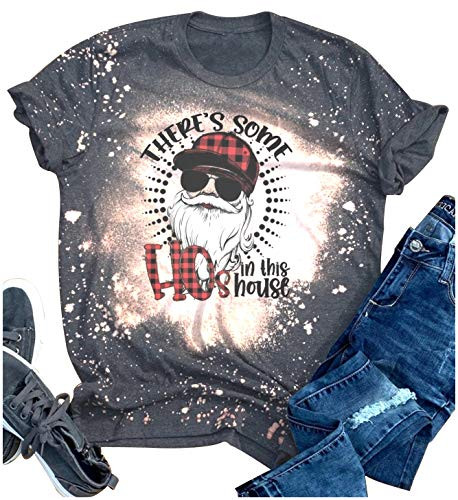 Funny Christmas Bleached T Shirt There s Some Hos in This House Plaid Santa Claus Graphic Tees Vintage Tie Dye Tops -M  Dark Grey-