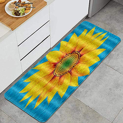 MIGAGA Kitchen Rug Sunflowers Yellow Blue Non-Slip Kitchen Mat Rubber Backing Doormat Runner Rug Set for Entryway and Bedroom Hallway Laundry Room Rugs