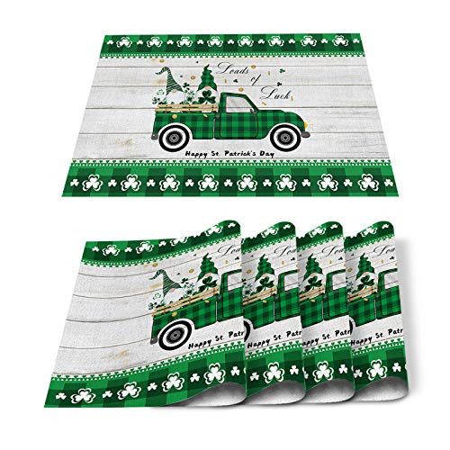 Home L6 St Patrick Placemats for Dining Table Truck with Gnomes Cotton and Linen Table Mats Shamrock Green Buffalo Check Plaid Resistant Heat Non-Slip Washable Tablemats
