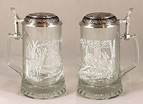 JAMES MEGER GLASS WHITE TAIL DEER STEIN, Etched German Glass Beer Stein w/ Pewter Lid, Made in Germany