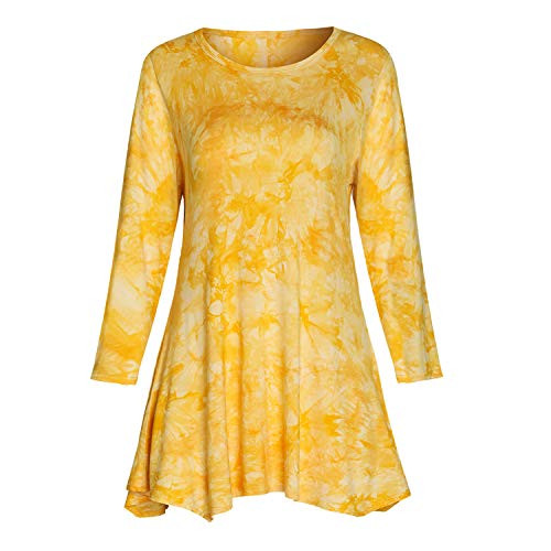Womens Tie Dye Print 3 4 Sleeve Tunic Loose Fit Swing Flare T-Shirt Tops -Yellow-XXL-