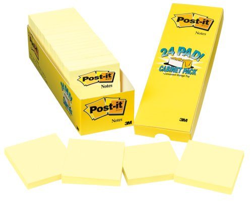 Post-it Notes, 3 in x 3 in, Canary Yellow, 24 Pads/Pack (654-24CP)