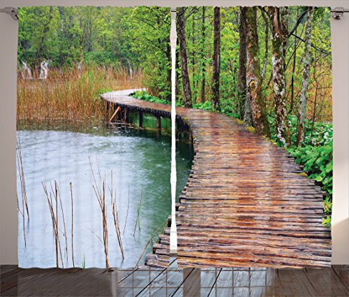 Ambesonne European Curtains  Plitvice National Park Croatia Footbridge Jungle Vacation Wilderness  Living Room Bedroom Window Drapes 2 Panel Set  108 inch X 90 inch  Brown Fern