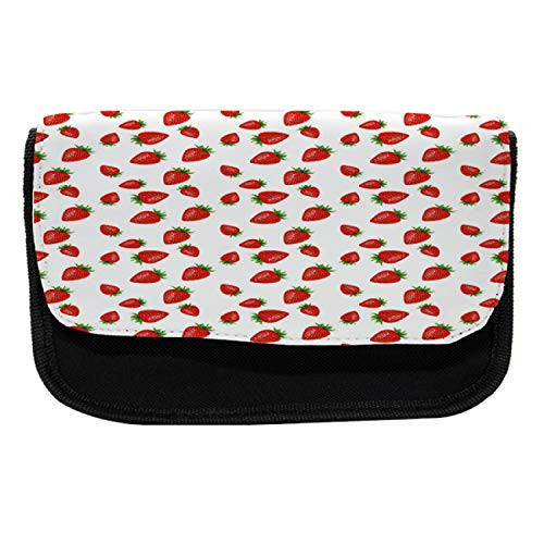 Lunarable Spring Pencil Case  Cartoon Style Strawberries  Fabric Pen Pencil Bag with Double Zipper  8.5 inch x 5.5 inch  Red and White