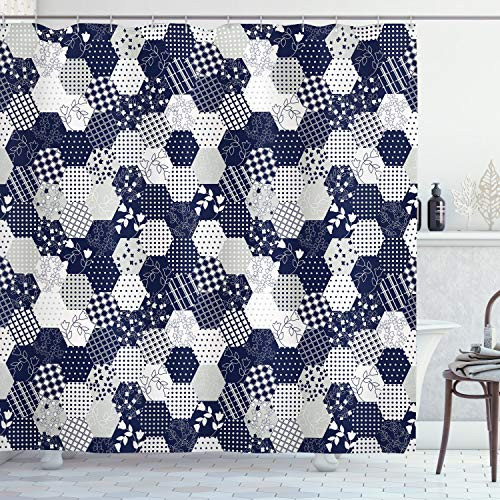 Ambesonne Navy Blue Shower Curtain  Octagon Patchwork Style Pattern Image with Dots Stars Squares and Stripes  Cloth Fabric Bathroom Decor Set with Hooks  84 inch Long Extra  Navy White