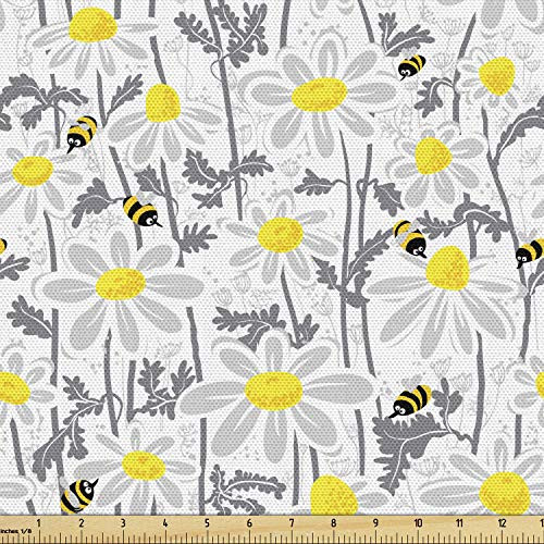 Ambesonne Grey Fabric by The Yard  Daisy Flowers with Bees in Spring Time Honey Petals Floret Nature Purity Blooming  Decorative Fabric for Upholstery and Home Accents  Yellow White