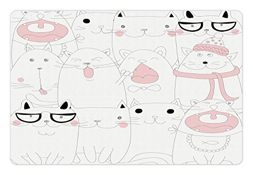 Lunarable Kitten Pet Mat for Food and Water  Many Faced Bunch of Happy Sad Sleepy Sassy Cat Caricature Kids Nursery Theme  Rectangle Non-Slip Rubber Mat for Dogs and Cats  White Pale Pink