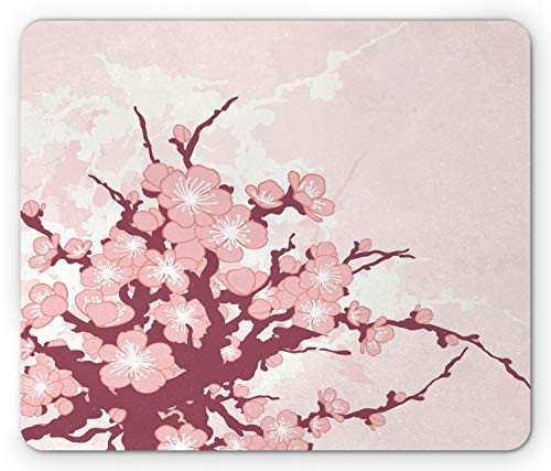 Lunarable Nature Mouse Pad  Spring Cherry Blossom Flowers Floral Abstract Branch Artwork Print  Rectangle Non-Slip Rubber Mousepad  Standard Size  Pale Pink Maroon