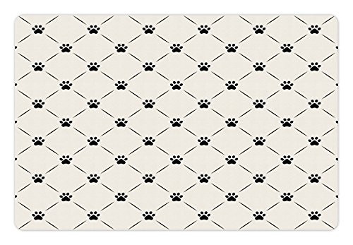 Lunarable Cat Pet Mat for Food and Water  Kitten Paw Footprints in Mirroring Marks Geometric Diamond Shapes Abstract Art Pattern  Rectangle Non-Slip Rubber Mat for Dogs and Cats  Black Beige